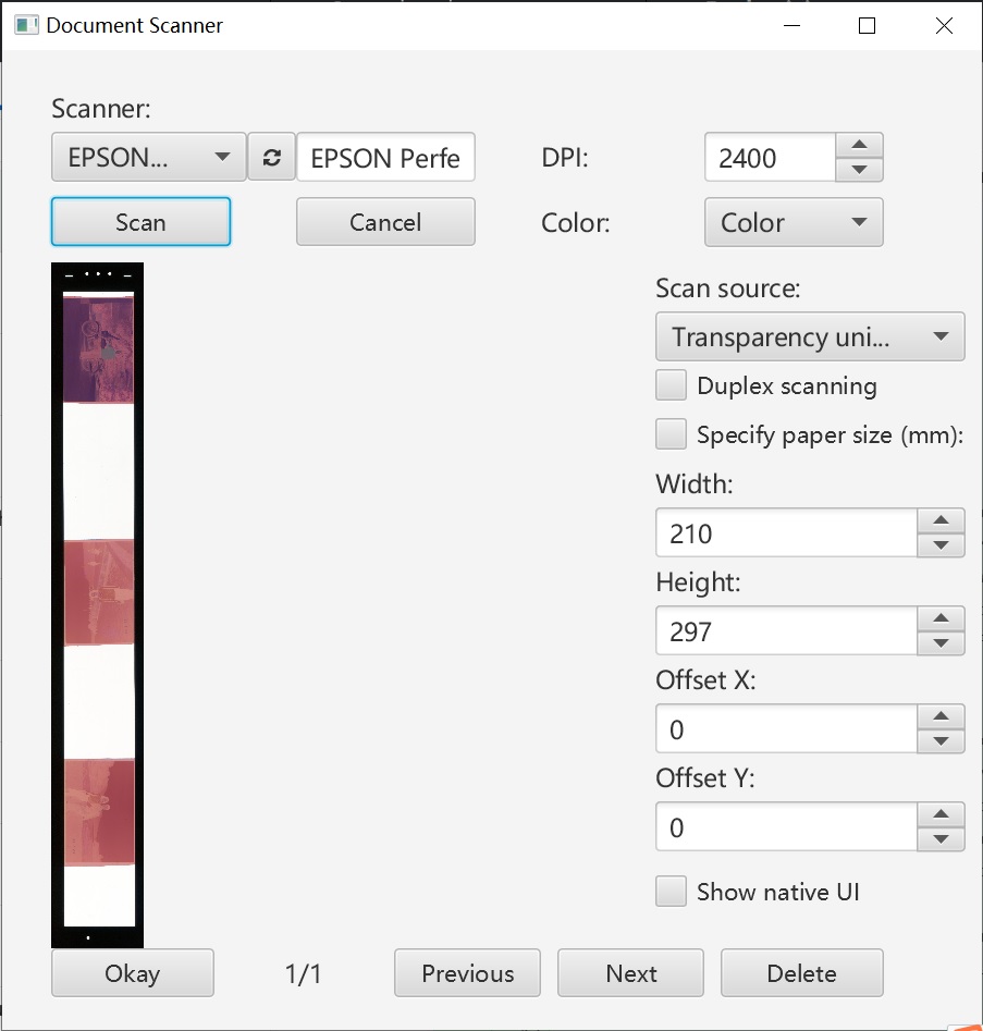 ImageTrans scanning interface showing transparency unit option